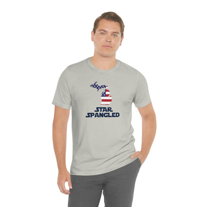 Michigan 'Star Spangled' T-Shirt (Epic Sci Fi Font w/ MI USA Flag Outline) | Unisex Standard Fit