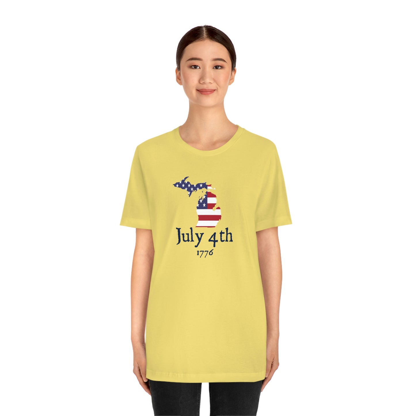 Michigan 'July 4th 1776' T-Shirt (Patriot Font w/ MI USA Outline) | Unisex Standard Fit