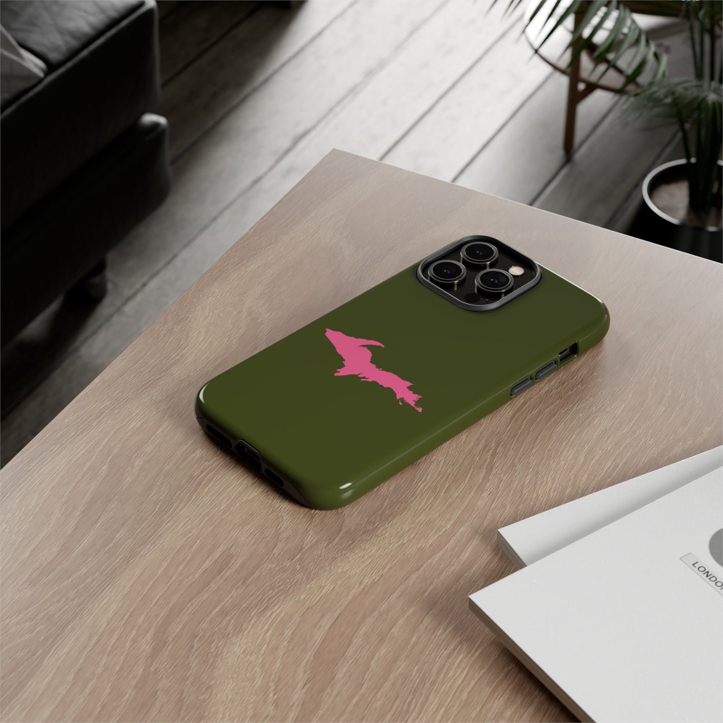 Michigan Upper Peninsula Tough Phone Case (Army Green w/ Pink UP Outline) | Apple iPhone