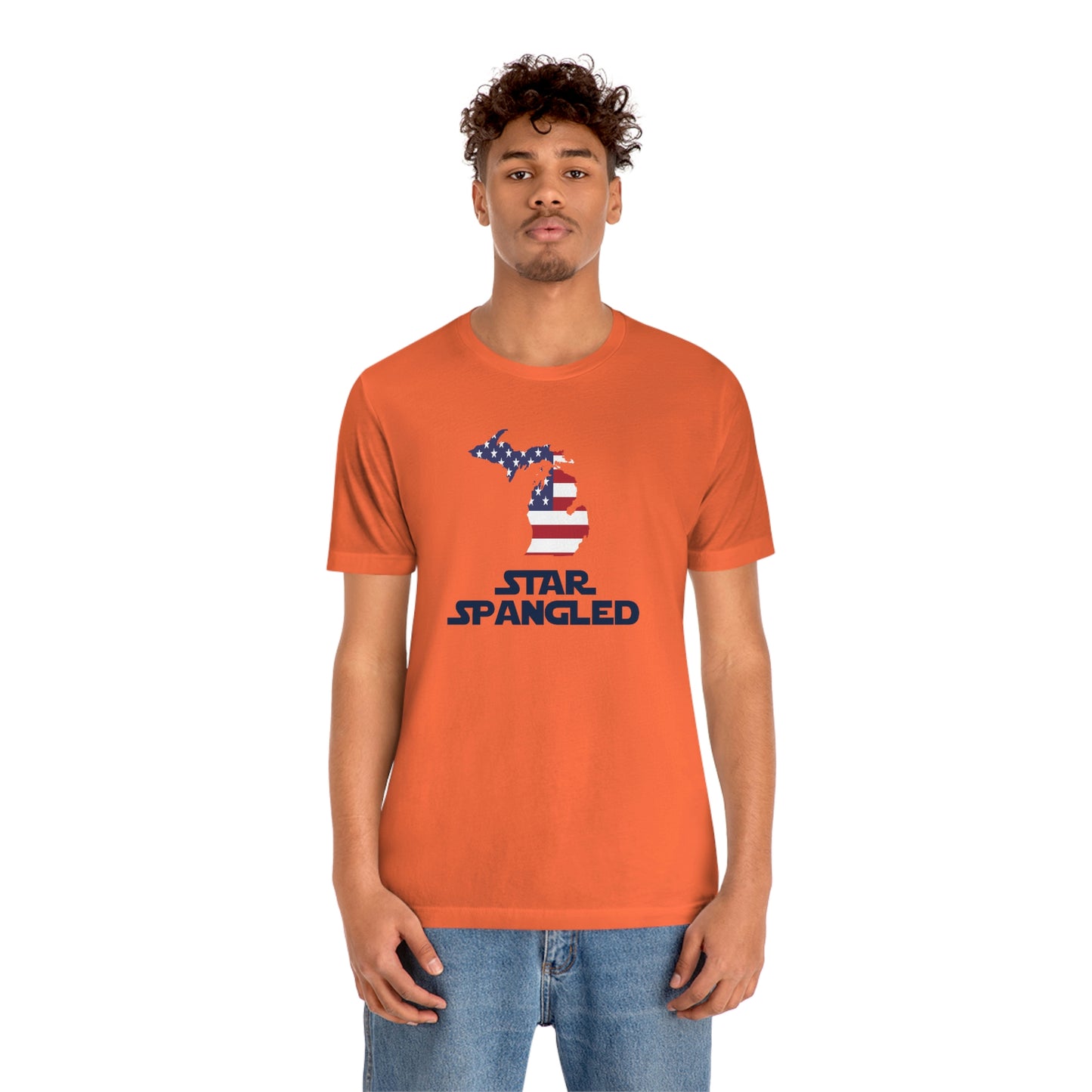 Michigan 'Star Spangled' T-Shirt (Epic Sci Fi Font w/ MI USA Flag Outline) | Unisex Standard Fit