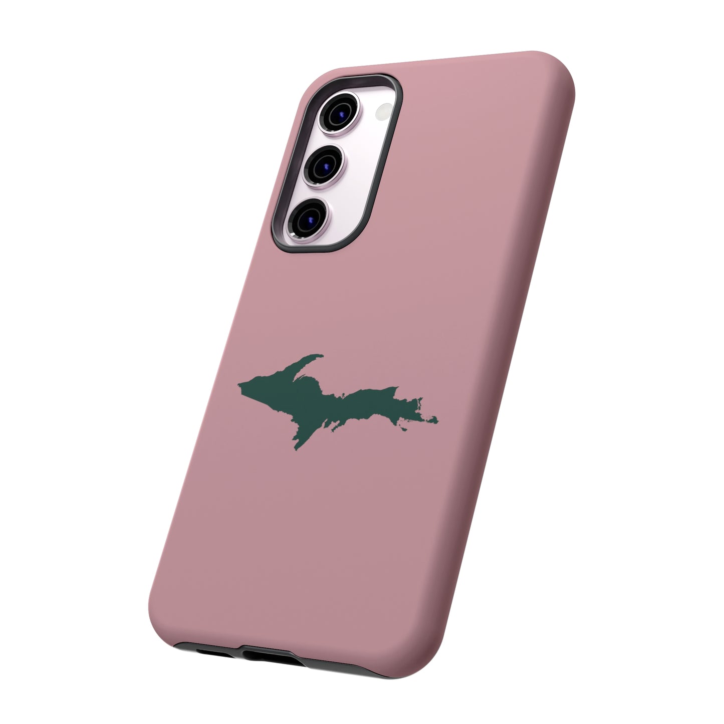 Michigan Upper Peninsula Tough Phone Case (Cherry Blossom Pink w/ Green UP Outline) | Samsung & Pixel Android