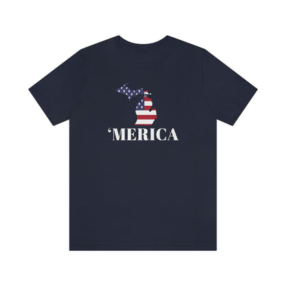 Michigan 'Merica' T-Shirt (Didone Font w/ MI USA Flag Outline) | Unisex Standard Fit