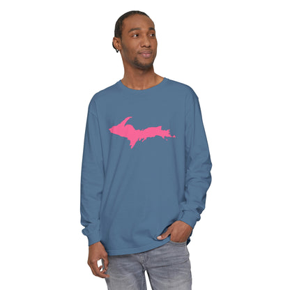 Michigan Upper Peninsula Garment-Dyed T-Shirt (w/ Pink UP Outline) | Unisex Long Sleeve