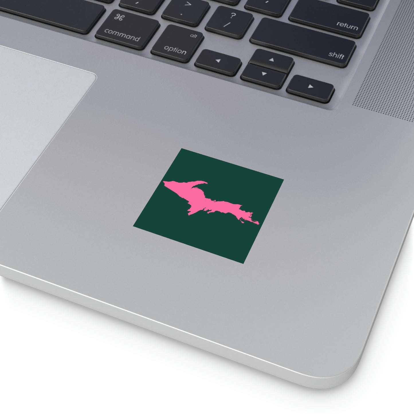 Michigan Upper Peninsula Square Sticker (Green w/ Pink UP Outline) | Indoor/Outdoor