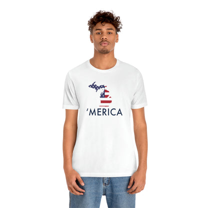 Michigan 'Merica' T-Shirt (Geometric Sans Font w/ MI USA Flag Outline) | Unisex Standard Fit