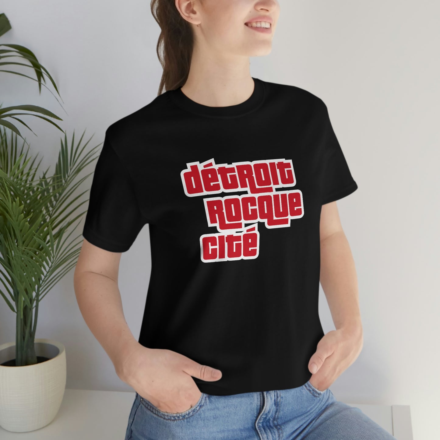 'Détroit Rocque Cité' T-Shirt (Red/White Automotive Crime Parody) | Unisex Standard Fit