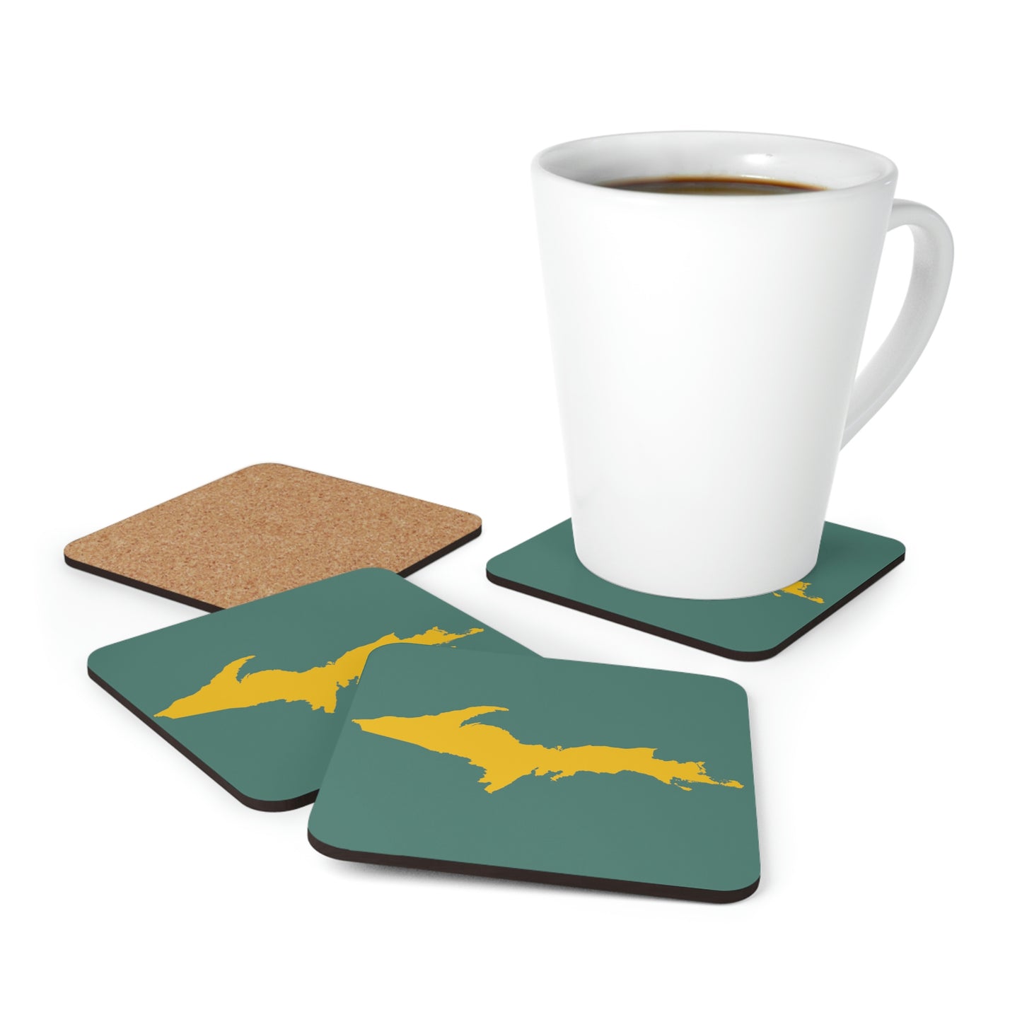 Michigan Upper Peninsula Coaster Set (Copper Green w/ Gold UP Outline) | Corkwood - 4 pack