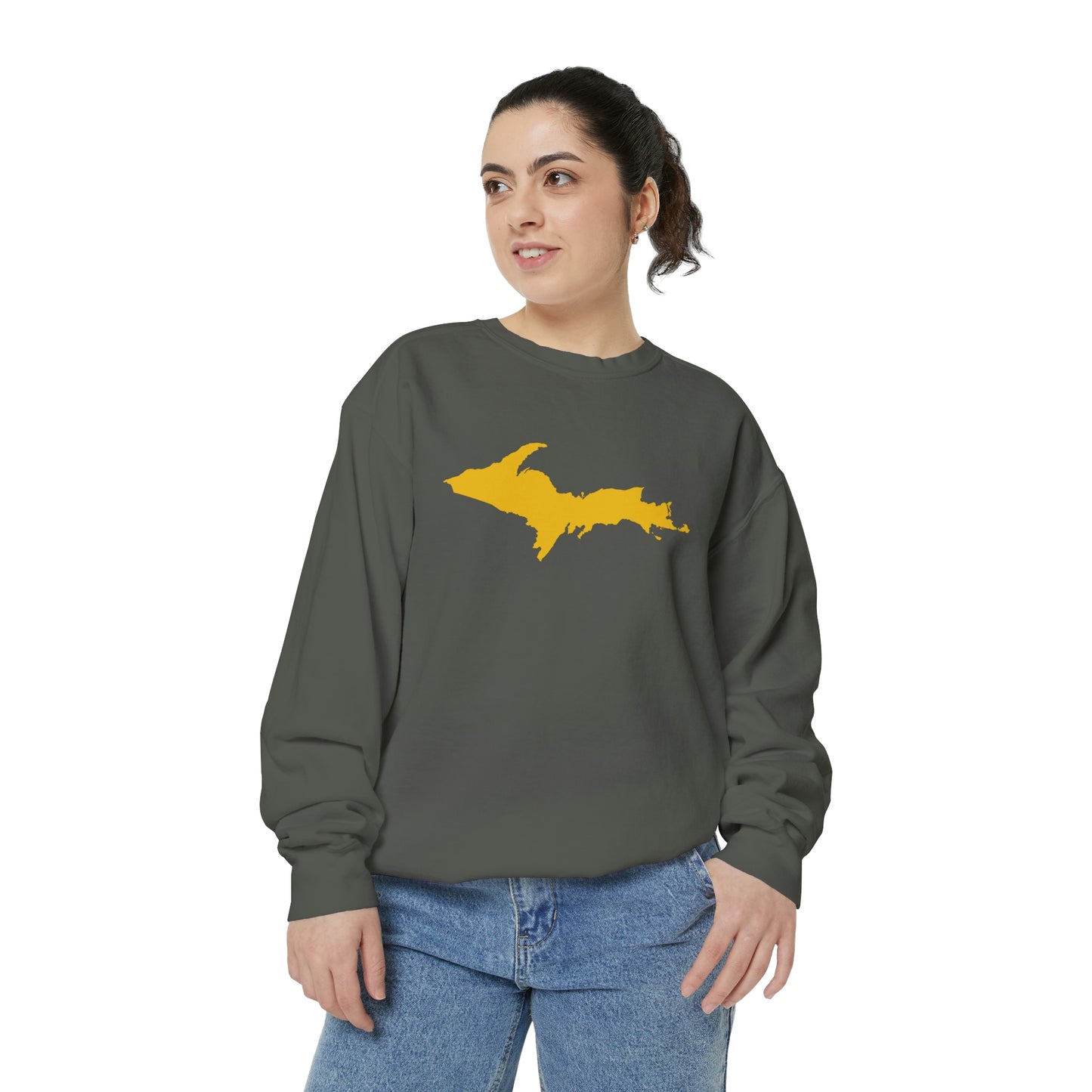 Michigan Upper Peninsula Sweatshirt (w/ Gold UP Outline) | Unisex Garment Dyed