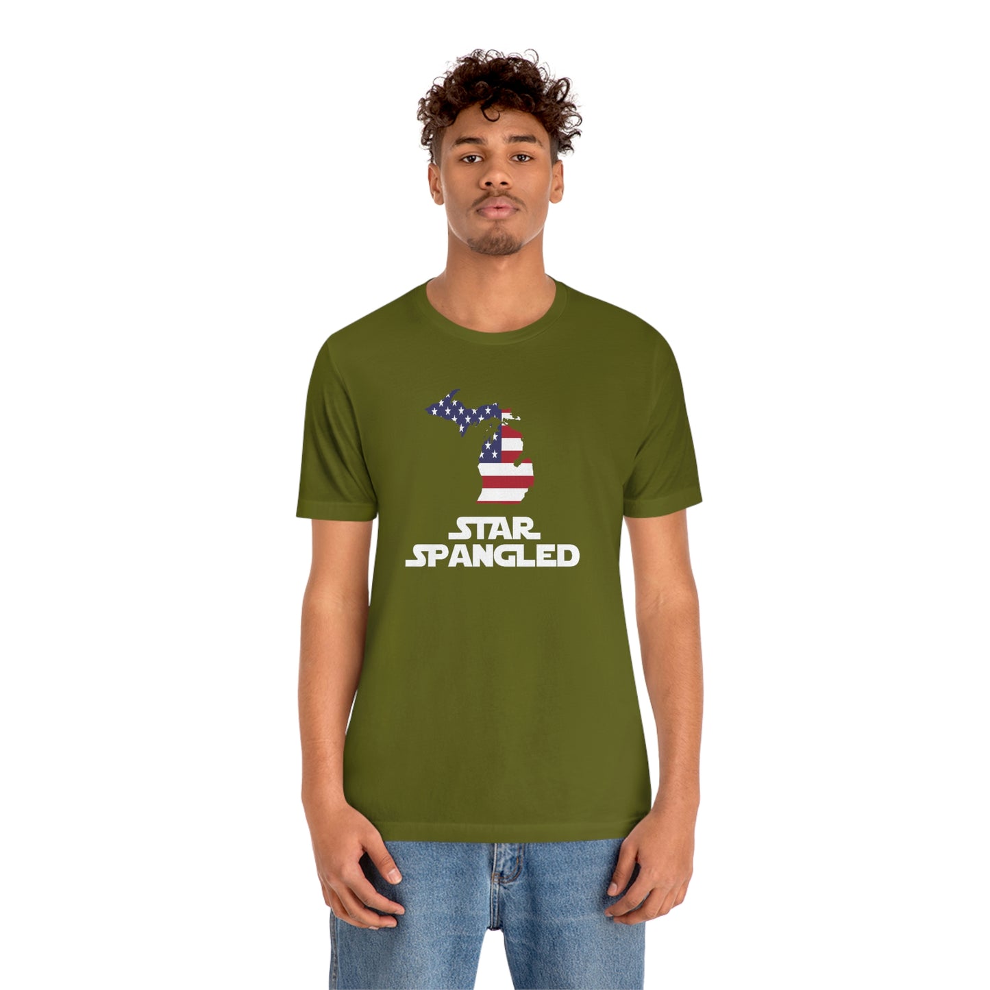 Michigan 'Star Spangled' T-Shirt (Epic Sci Fi Font w/ MI USA Flag Outline) | Unisex Standard Fit