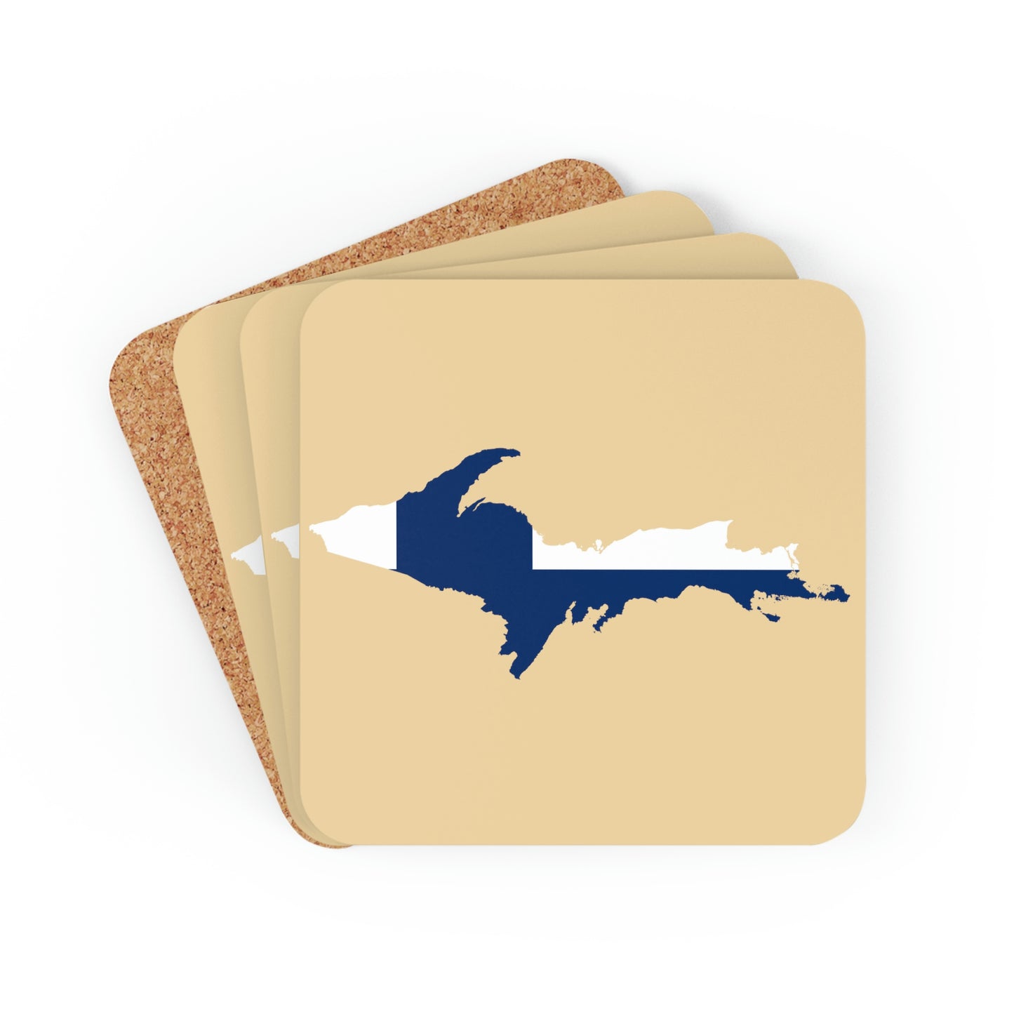 Michigan Upper Peninsula Coaster Set (Maple Color w/ UP Ukraine Flag Outline) | Corkwood - 4 pack