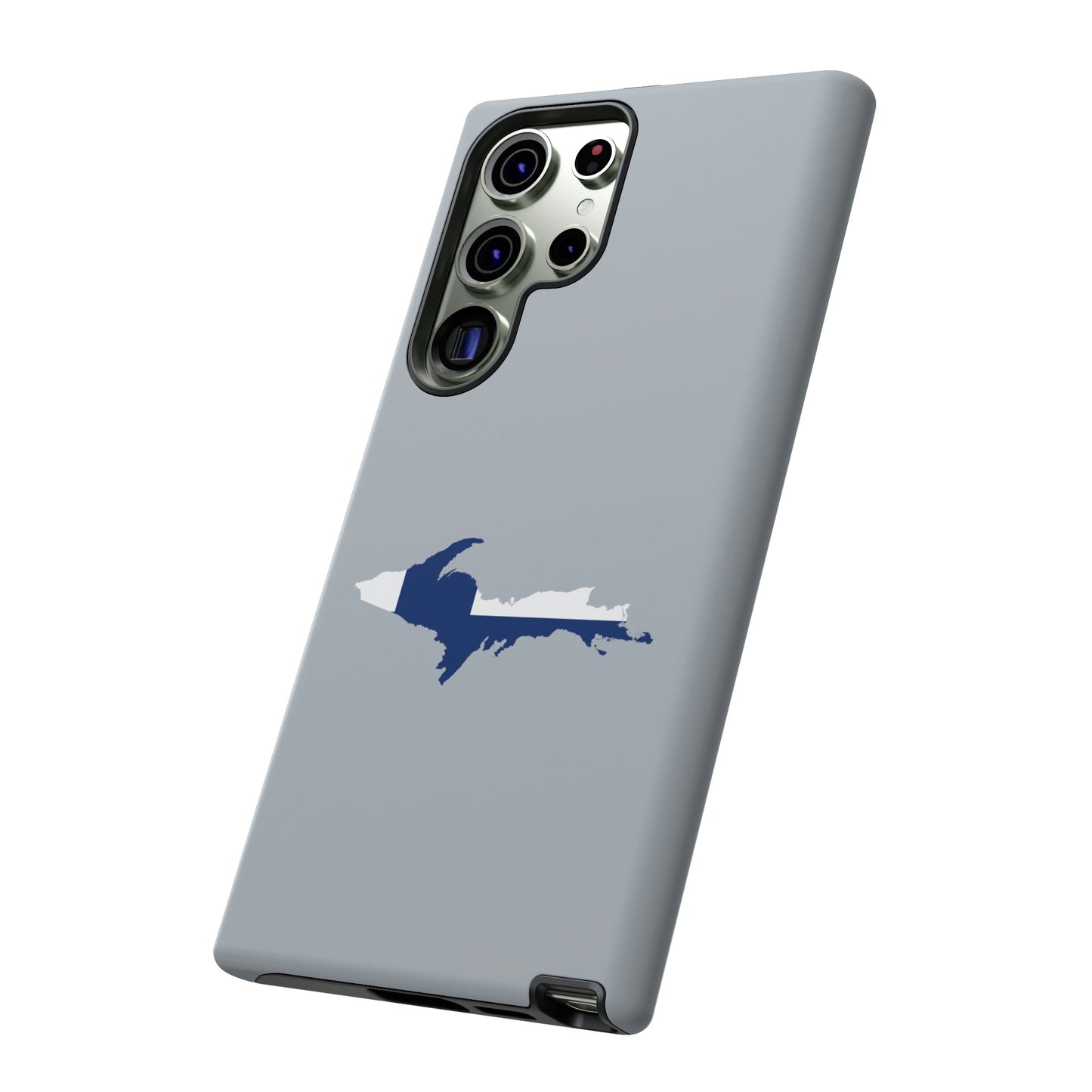 Michigan Upper Peninsula Tough Phone Case (Silver w/ UP Finland Flag Outline) | Samsung & Pixel Android