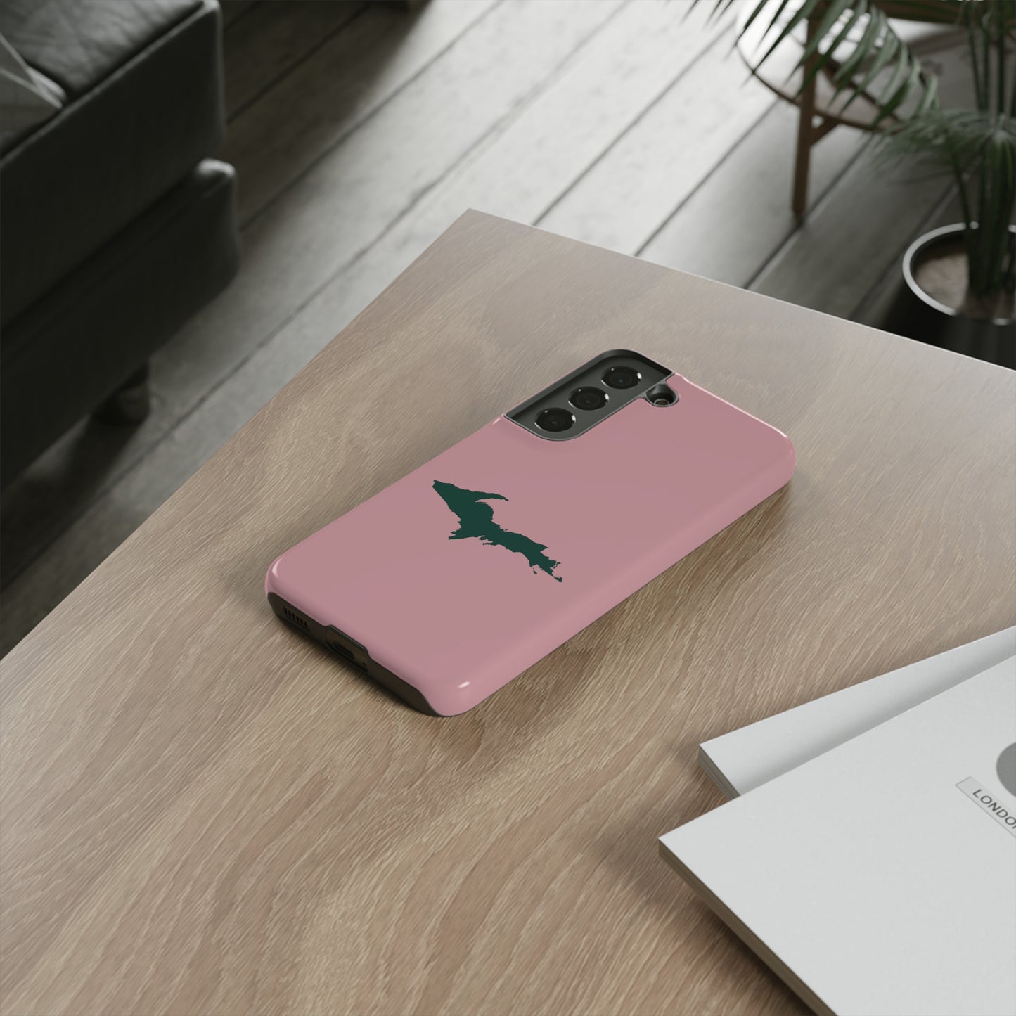 Michigan Upper Peninsula Tough Phone Case (Cherry Blossom Pink w/ Green UP Outline) | Samsung & Pixel Android