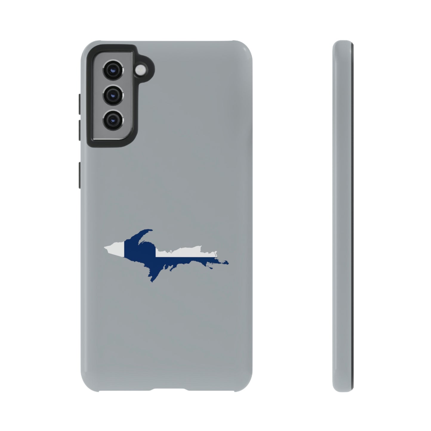 Michigan Upper Peninsula Tough Phone Case (Silver w/ UP Finland Flag Outline) | Samsung & Pixel Android