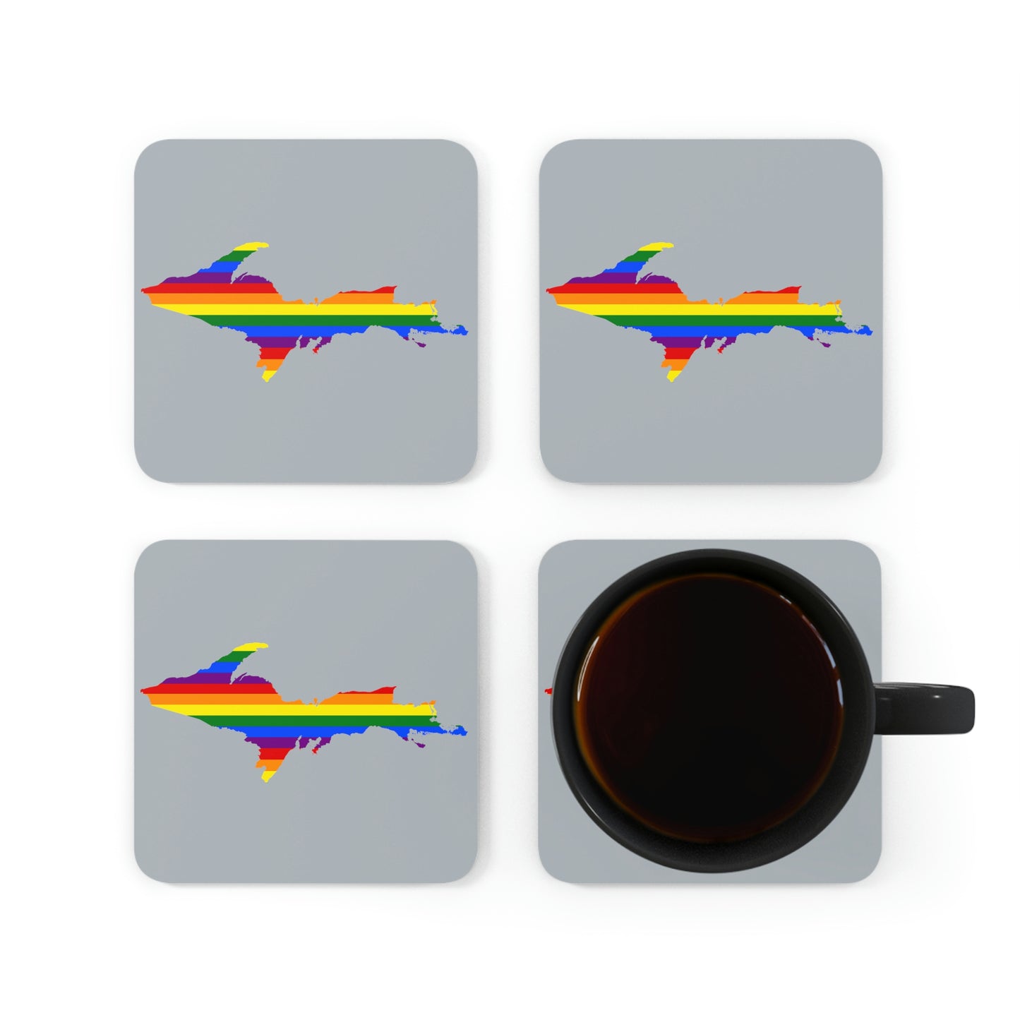 Michigan Upper Peninsula Coaster Set (Silver w/ UP Pride Flag Outline) | Corkwood - 4 pack