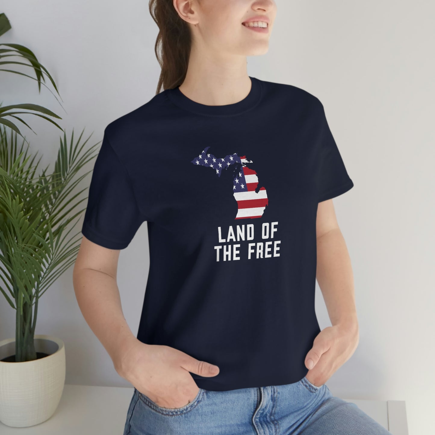 Michigan 'Land of the Free' T-Shirt (Gothic Font w/ MI USA Flag Outline) | Unisex Standard Fit