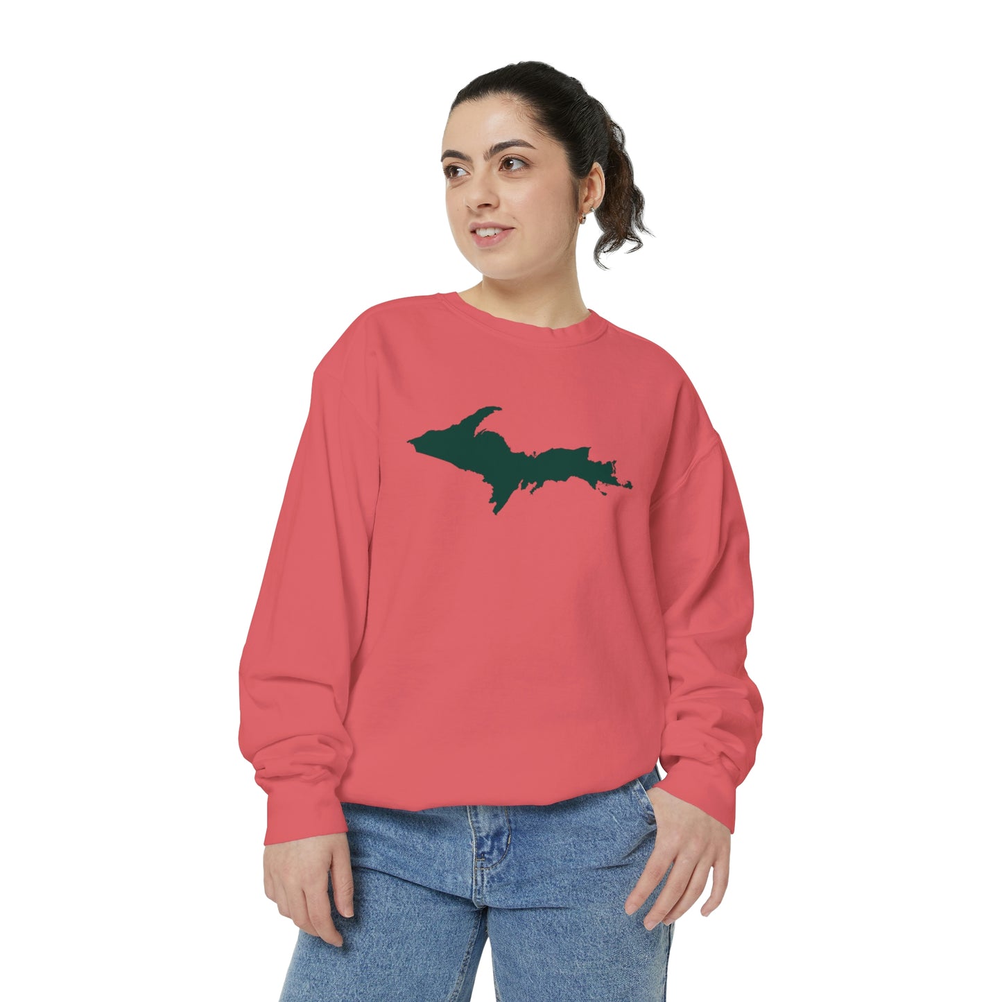 Michigan Upper Peninsula Sweatshirt (w/ Green UP Outline) | Unisex Garment Dyed