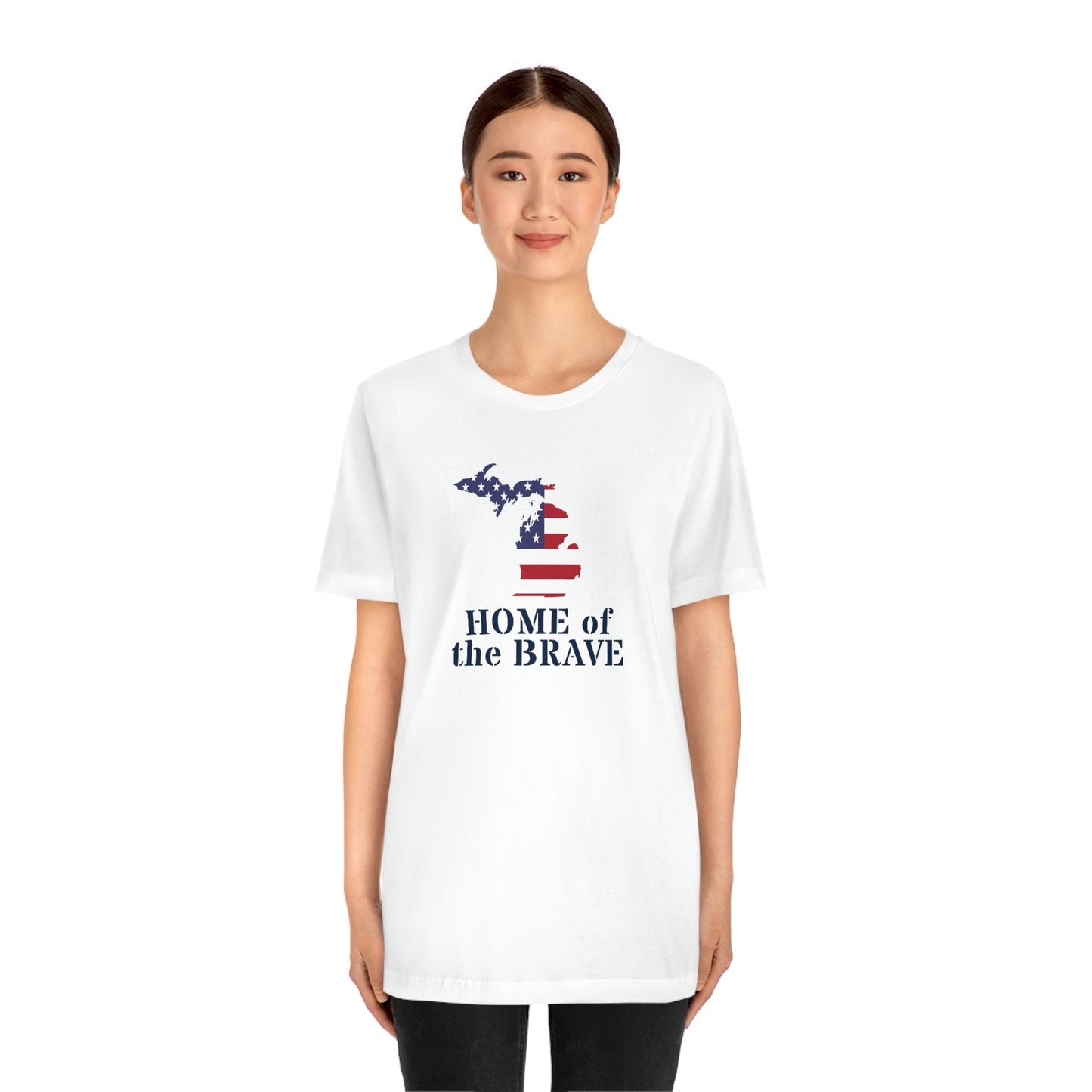 Michigan 'Home of the Brave' T-Shirt (Army Stencil Font w/ MI USA Outline) | Unisex Standard Fit