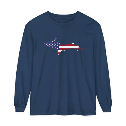 Michigan Upper Peninsula Garment-Dyed T-Shirt (w/ UP USA Flag Outline) | Unisex Long Sleeve