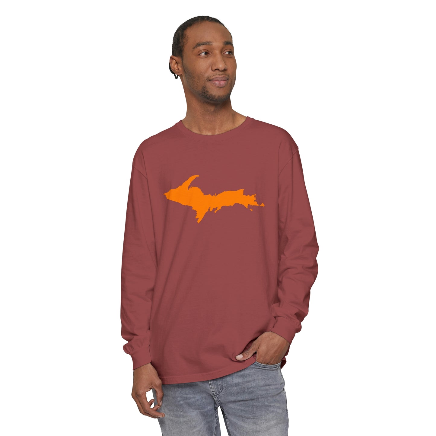 Michigan Upper Peninsula Garment-Dyed T-Shirt (w/ Orange UP Outline) | Unisex Long Sleeve