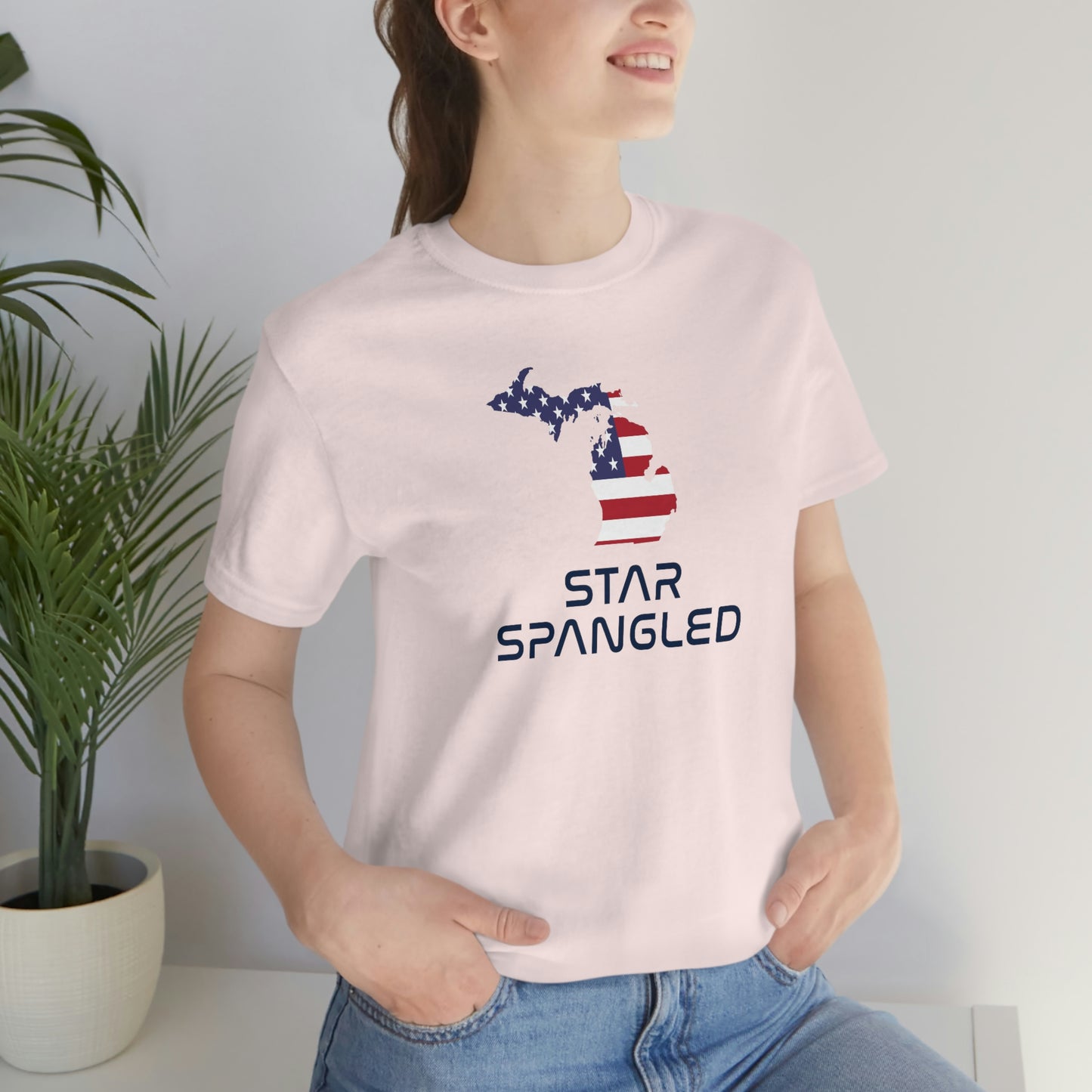 Michigan 'Star Spangled' T-Shirt (Space Agency Font w/ MI USA Flag Outline) | Unisex Standard Fit