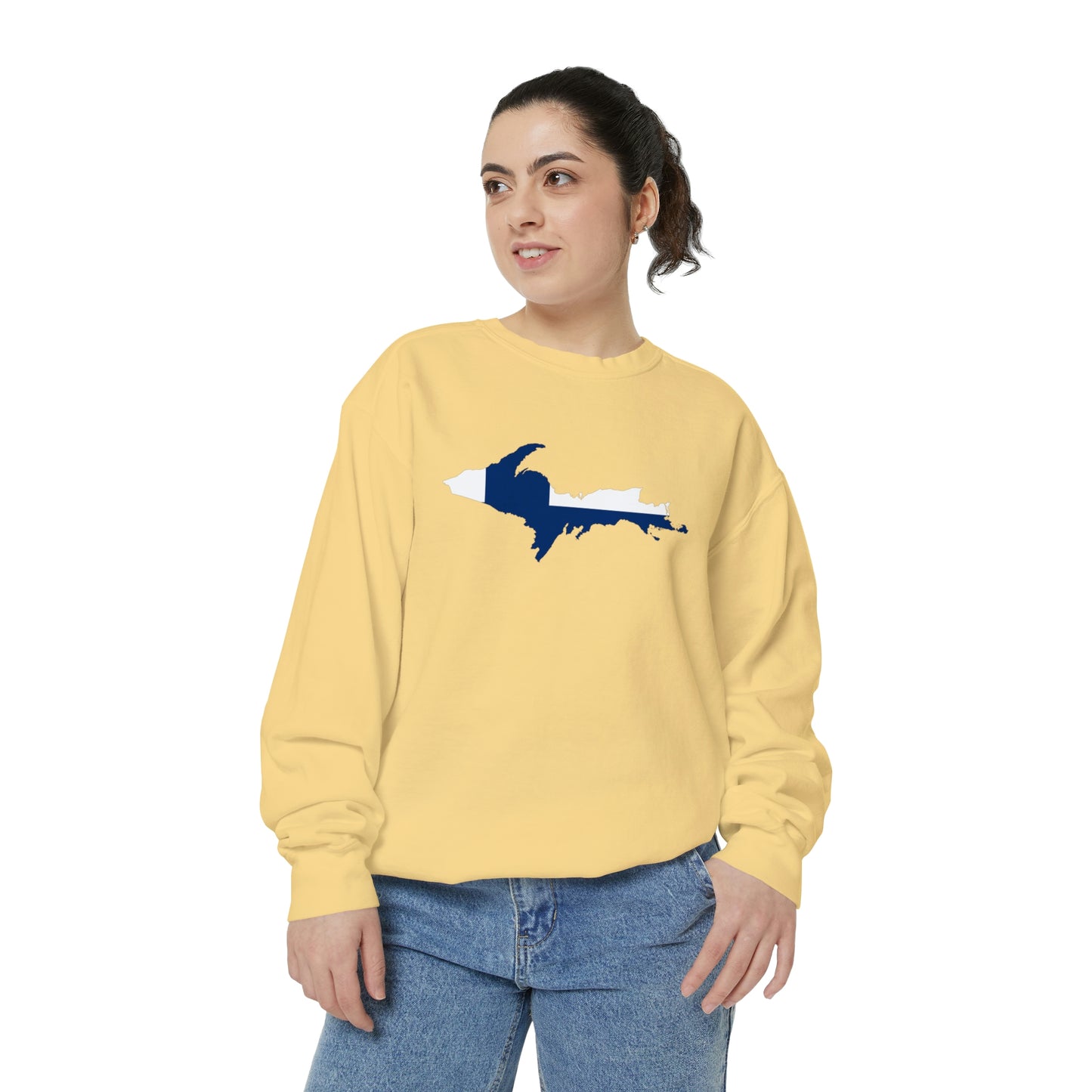 Michigan Upper Peninsula Sweatshirt (w/ UP Finland Flag Outline) | Unisex Garment Dyed