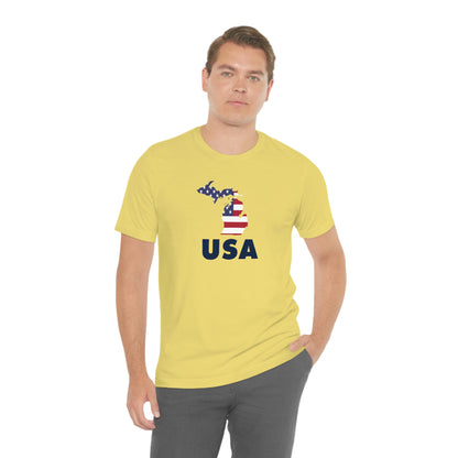 Michigan 'USA' T-Shirt (Geometric Sans Font w/ MI USA Flag Outline) | Unisex Standard Fit