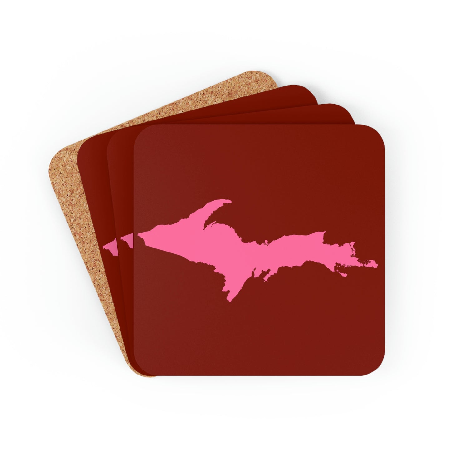 Michigan Upper Peninsula Coaster Set (Cherry Red w/ Pink UP Outline) | Corkwood - 4 pack