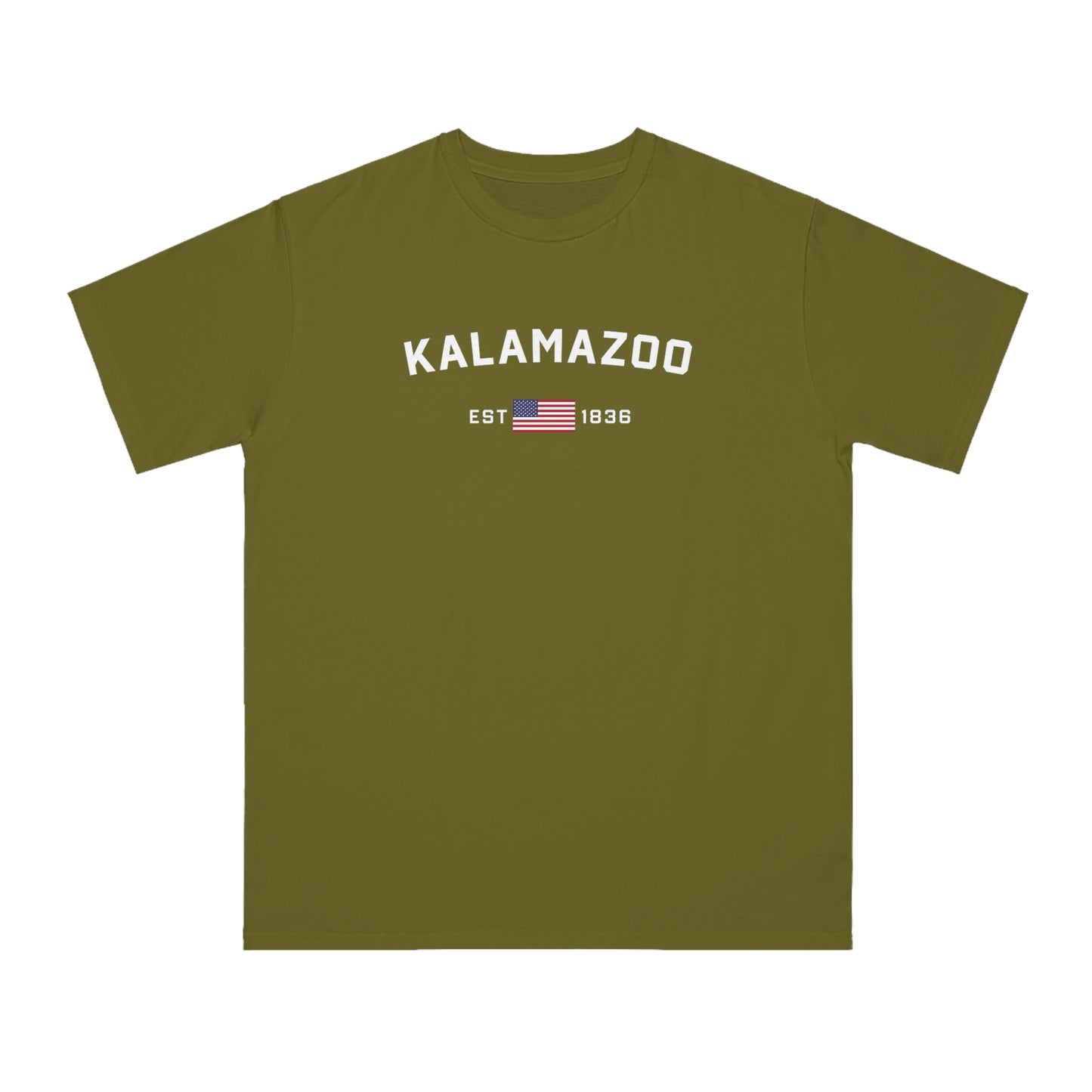 'Kalamazoo EST 1836' T-Shirt (w/ USA Flag Outline) | Organic Unisex