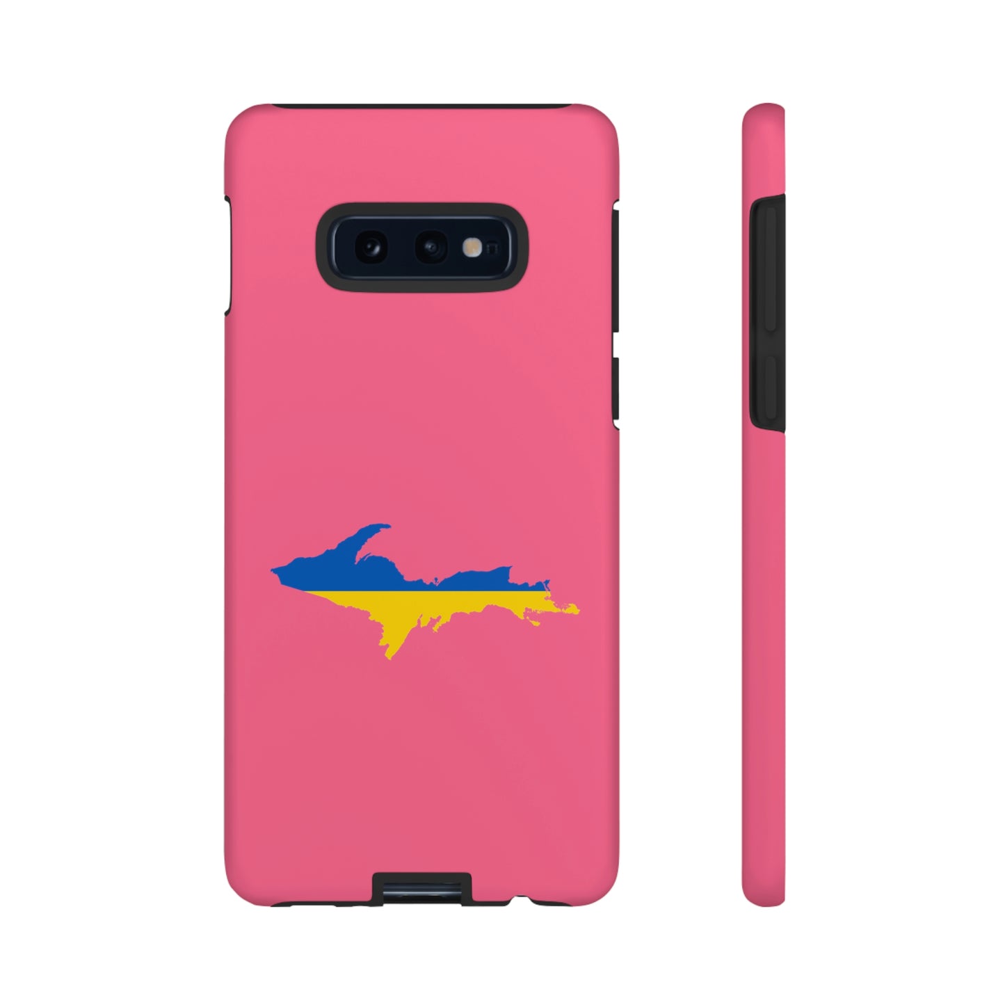 Michigan Upper Peninsula Tough Phone Case (Rhodochrosite Pink w/ UP Ukraine Flag Outline) | Samsung & Pixel Android