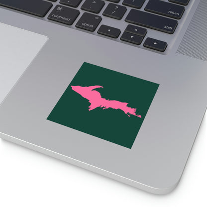 Michigan Upper Peninsula Square Sticker (Green w/ Pink UP Outline) | Indoor/Outdoor