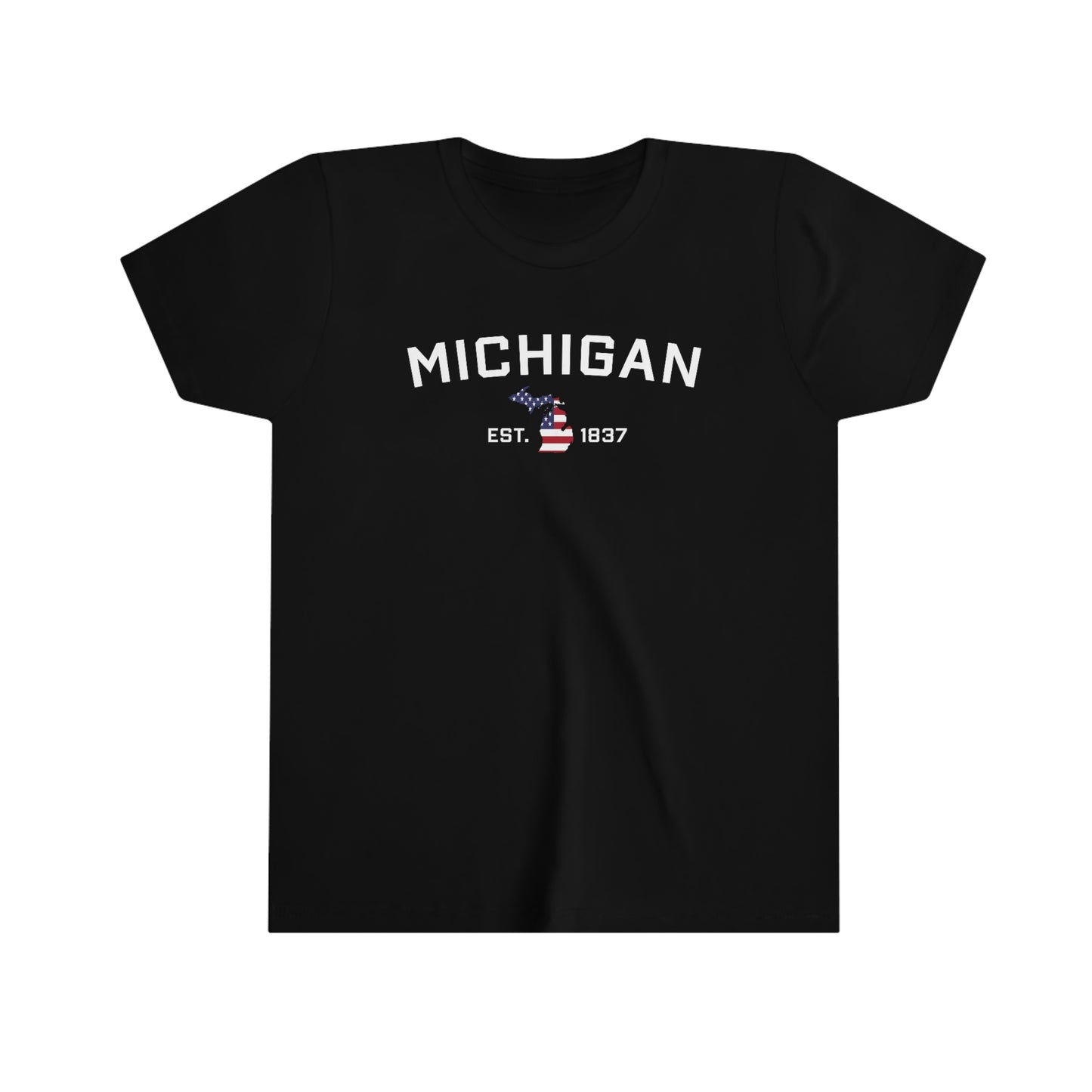 'Michigan EST 1837' T-Shirt (w/ MI USA Flag Outline) | Youth Short Sleeve