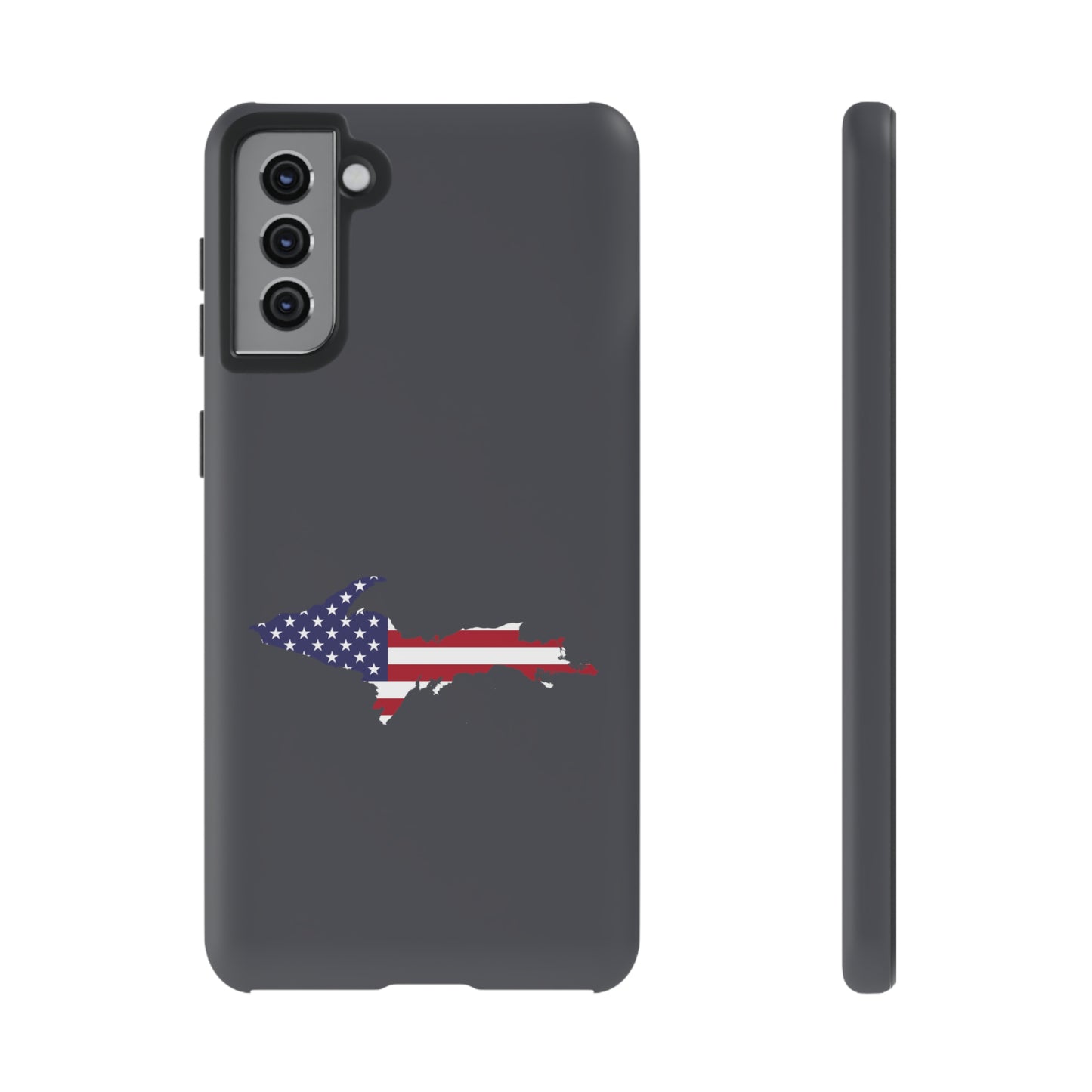 Michigan Upper Peninsula Tough Phone Case (Iron Ore Grey w/ UP USA Flag Outline) | Samsung & Pixel Android