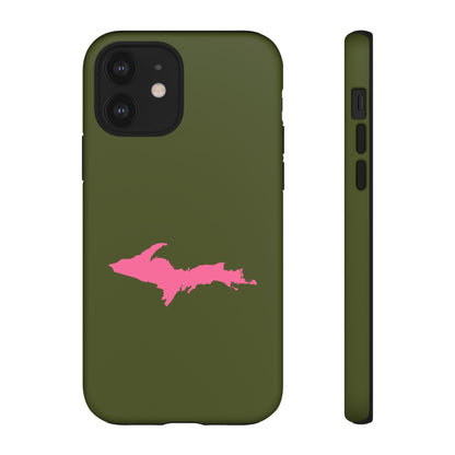 Michigan Upper Peninsula Tough Phone Case (Army Green w/ Pink UP Outline) | Apple iPhone