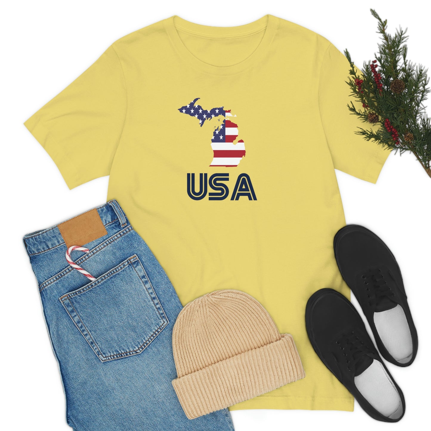 Michigan 'USA' T-Shirt (Audiophile Font w/ MI USA Flag Outline) | Unisex Standard Fit