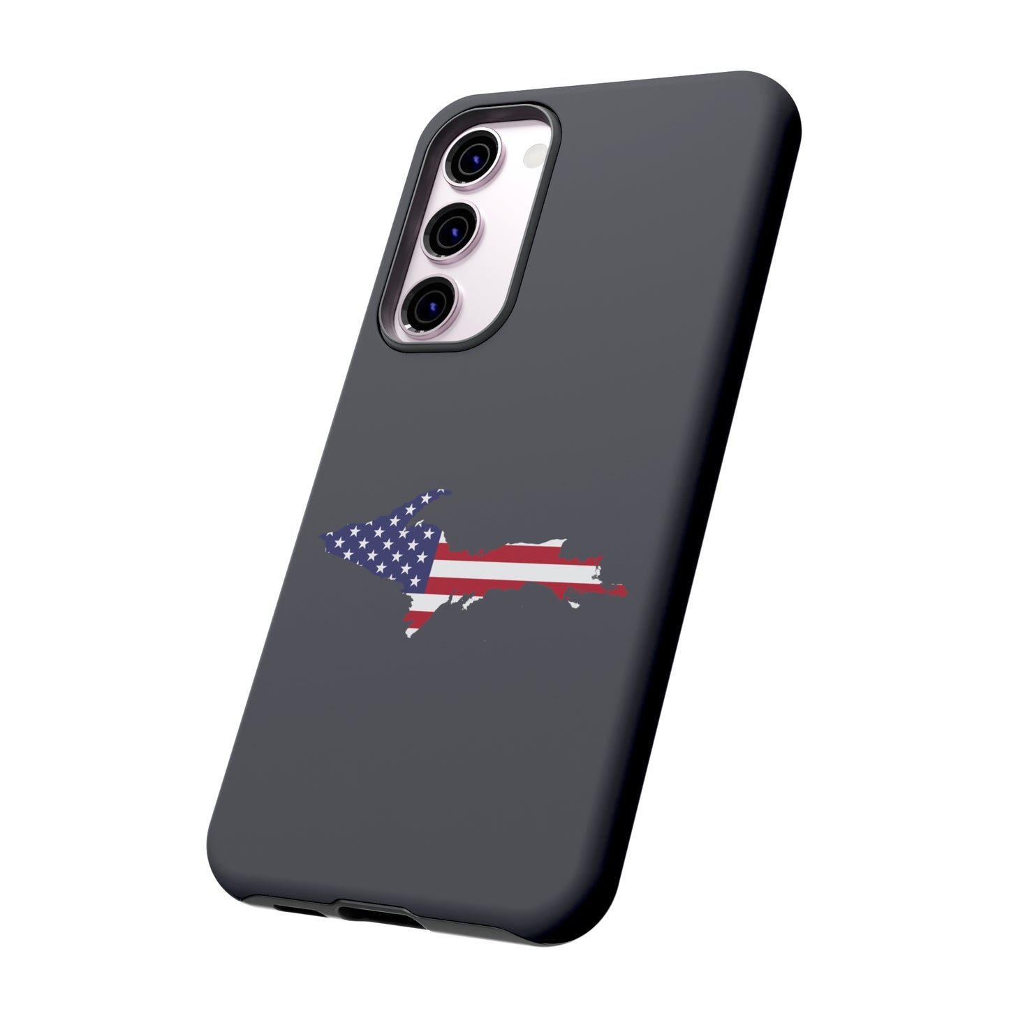 Michigan Upper Peninsula Tough Phone Case (Iron Ore Grey w/ UP USA Flag Outline) | Samsung & Pixel Android