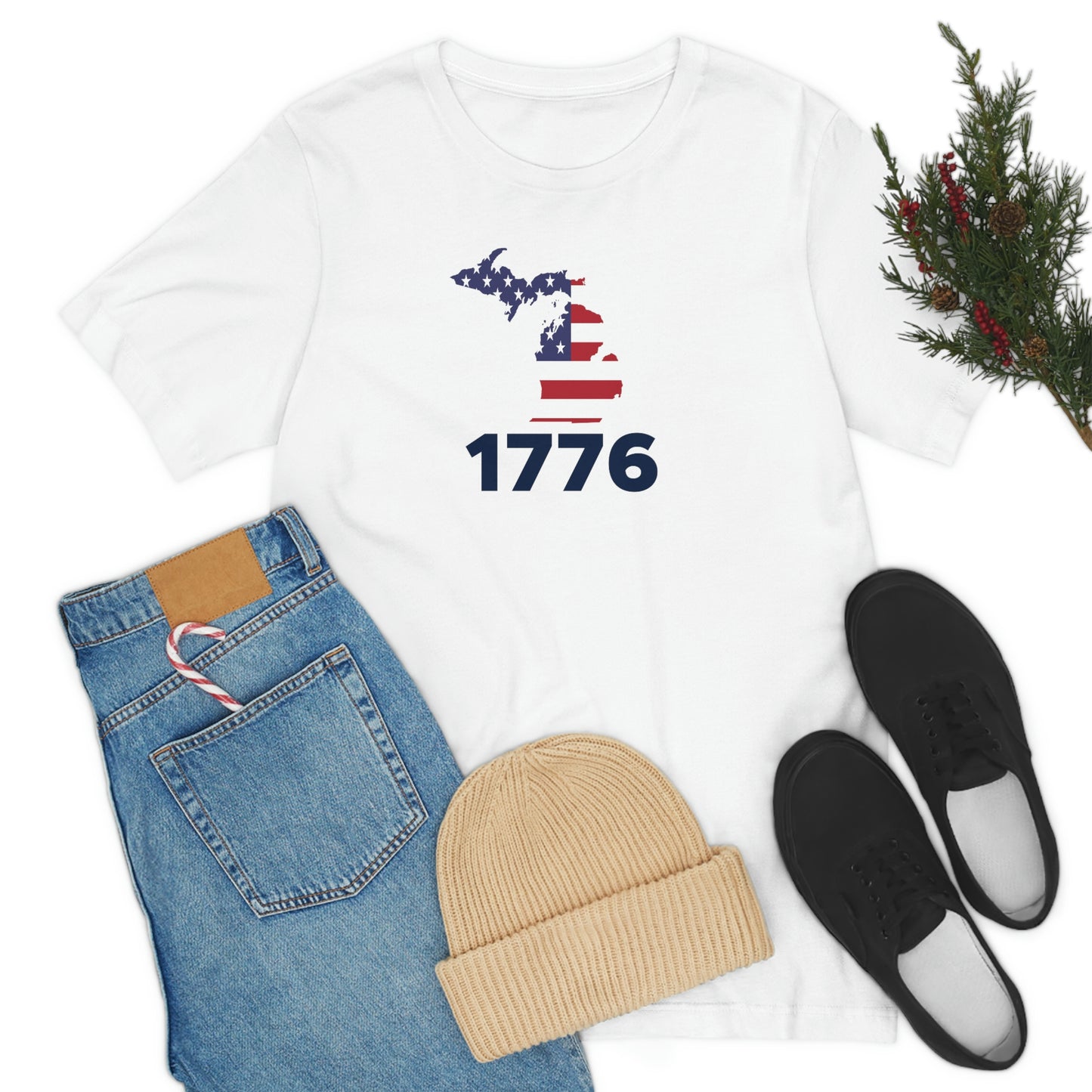 Michigan '1776' T-Shirt (Geometric Sans Font w/ MI USA Flag Outline) | Unisex Standard Fit