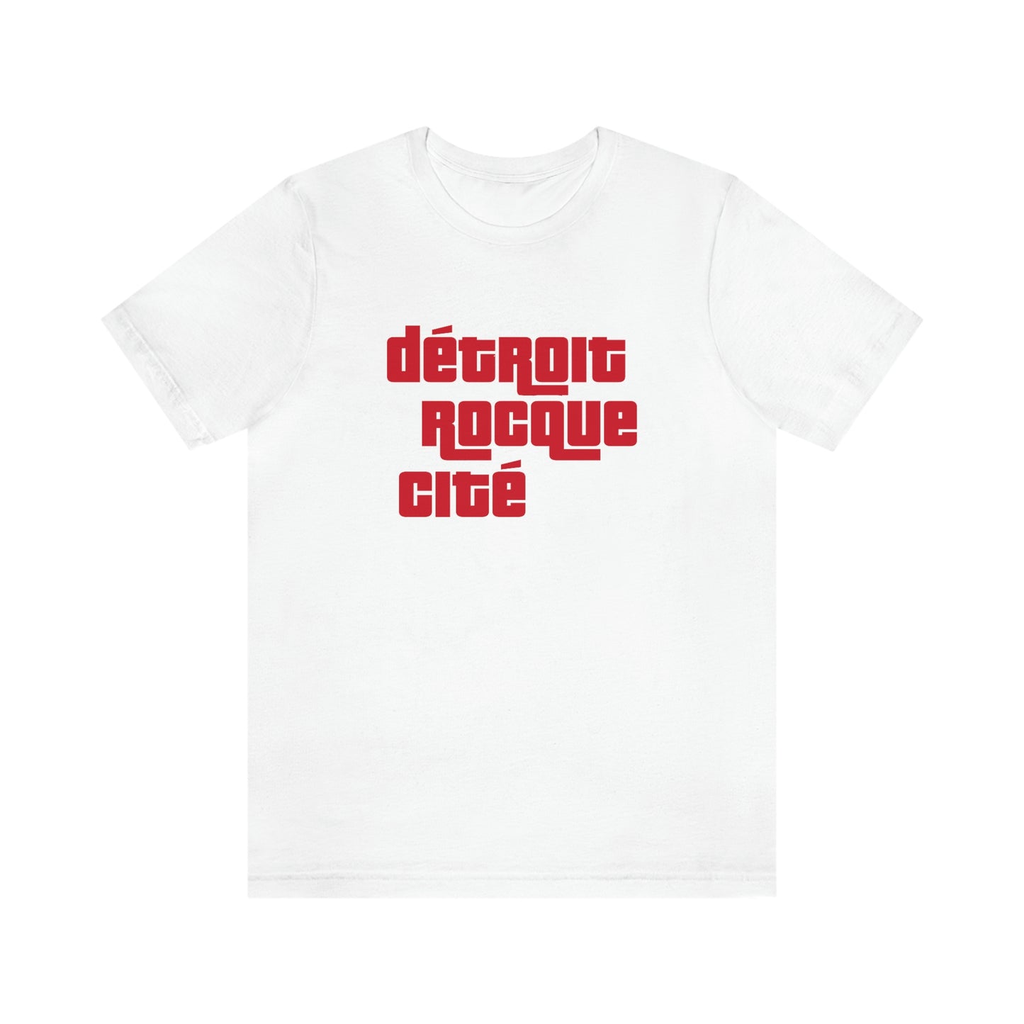 'Détroit Rocque Cité' T-Shirt (Red/White Automotive Crime Parody) | Unisex Standard Fit