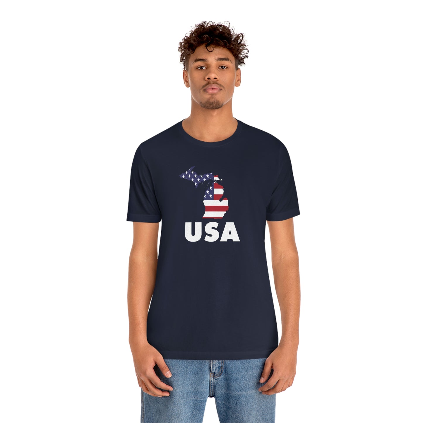 Michigan 'USA' T-Shirt (Geometric Sans Font w/ MI USA Flag Outline) | Unisex Standard Fit