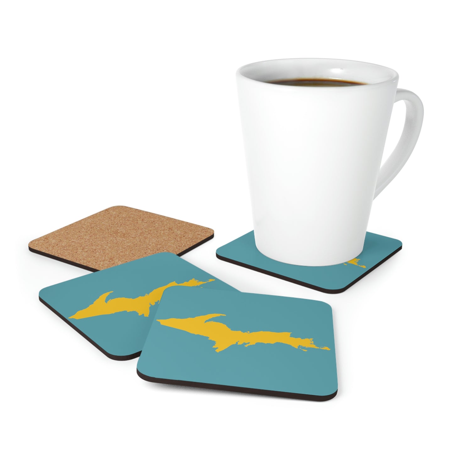 Michigan Upper Peninsula Coaster Set (Huron Blue w/ Gold UP Outline) | Corkwood - 4 pack