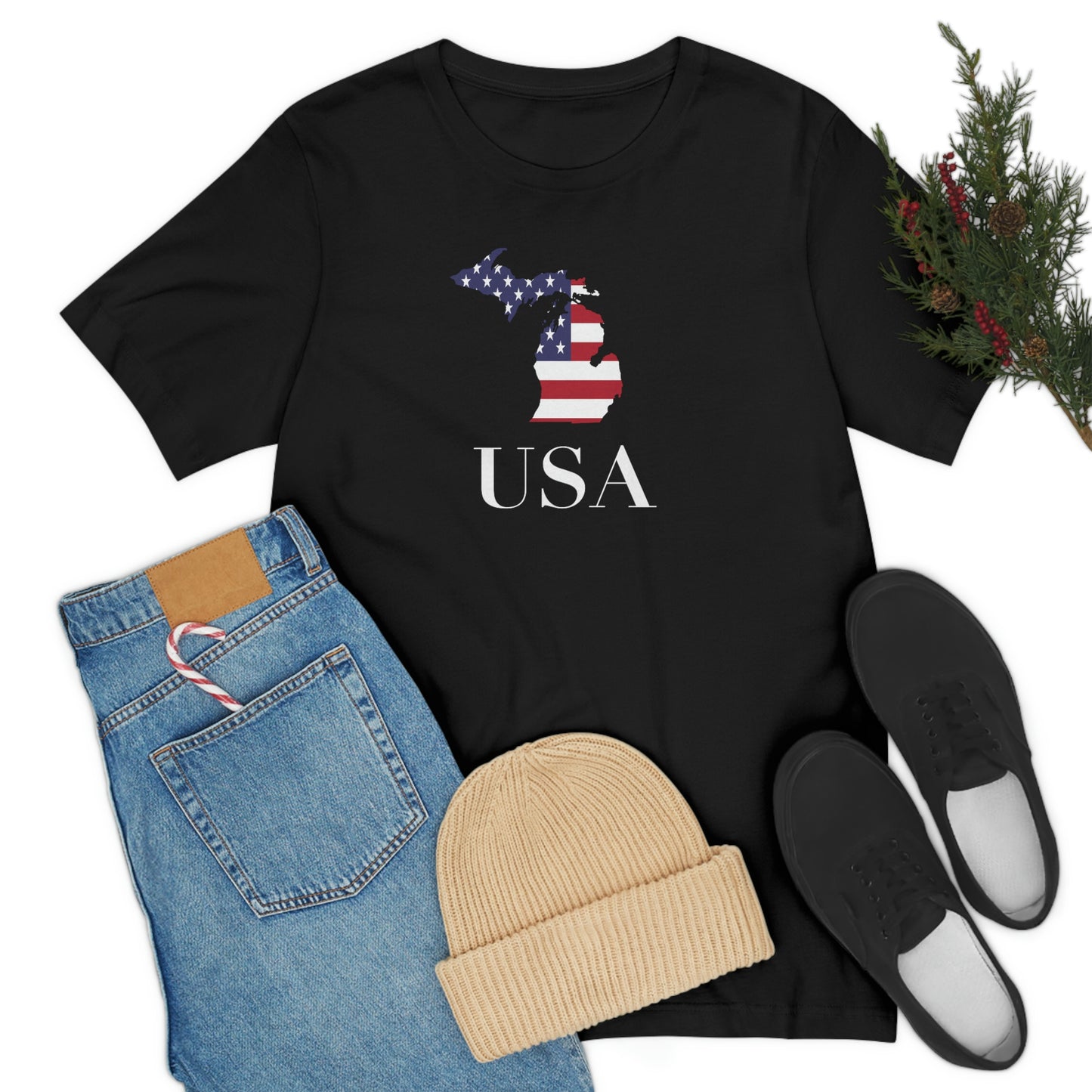 Michigan 'USA' T-Shirt (Didone Font w/ MI USA Flag Outline) | Unisex Standard Fit