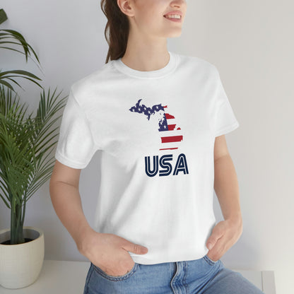 Michigan 'USA' T-Shirt (Audiophile Font w/ MI USA Flag Outline) | Unisex Standard Fit