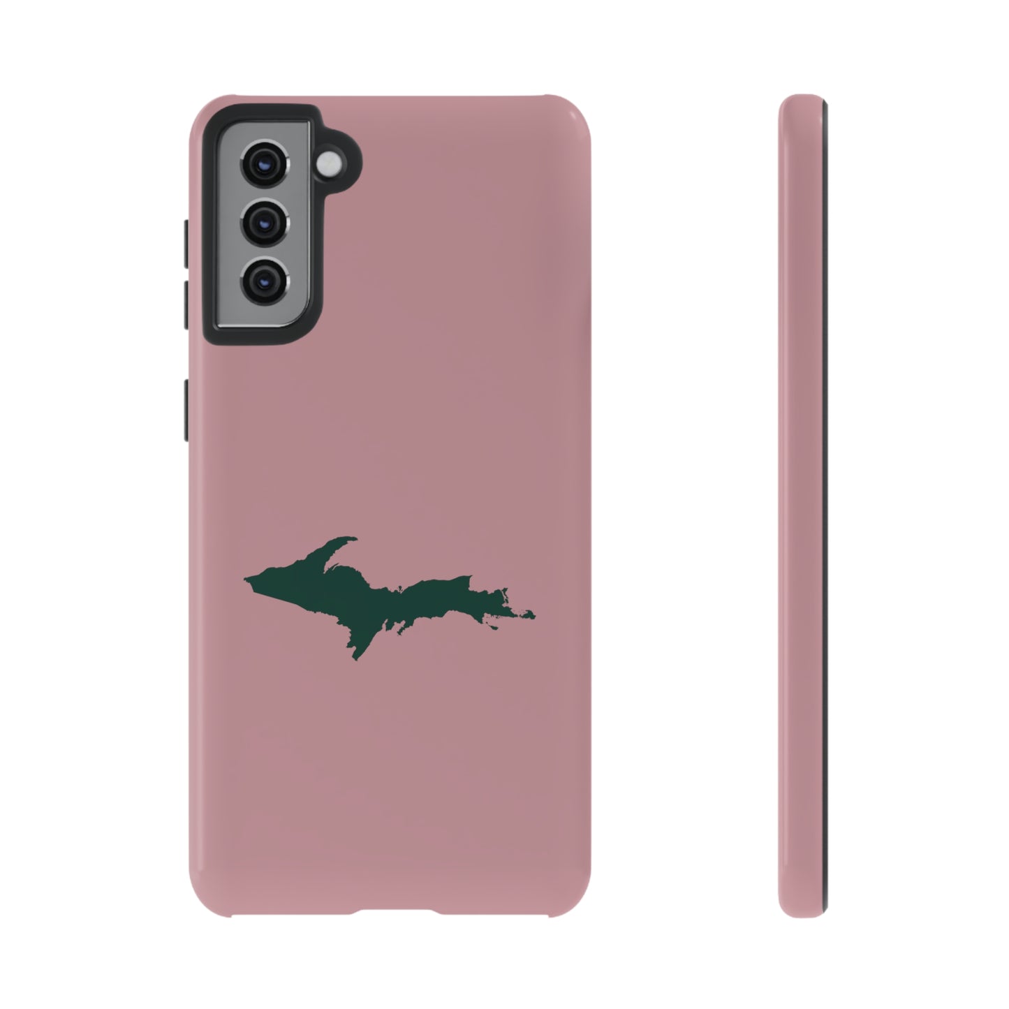 Michigan Upper Peninsula Tough Phone Case (Cherry Blossom Pink w/ Green UP Outline) | Samsung & Pixel Android