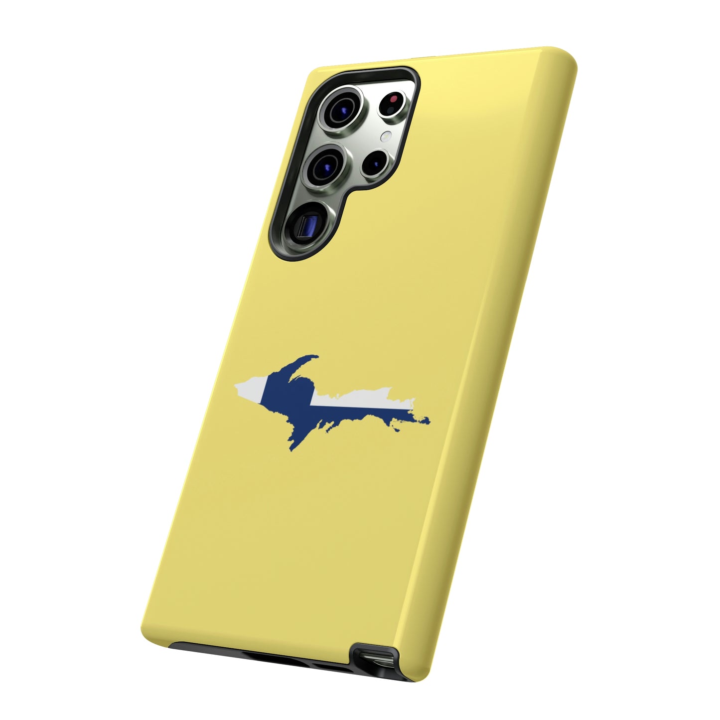 Michigan Upper Peninsula Tough Phone Case (Yellow Cherry Color w/ UP Finland Flag Outline) | Samsung & Pixel Android