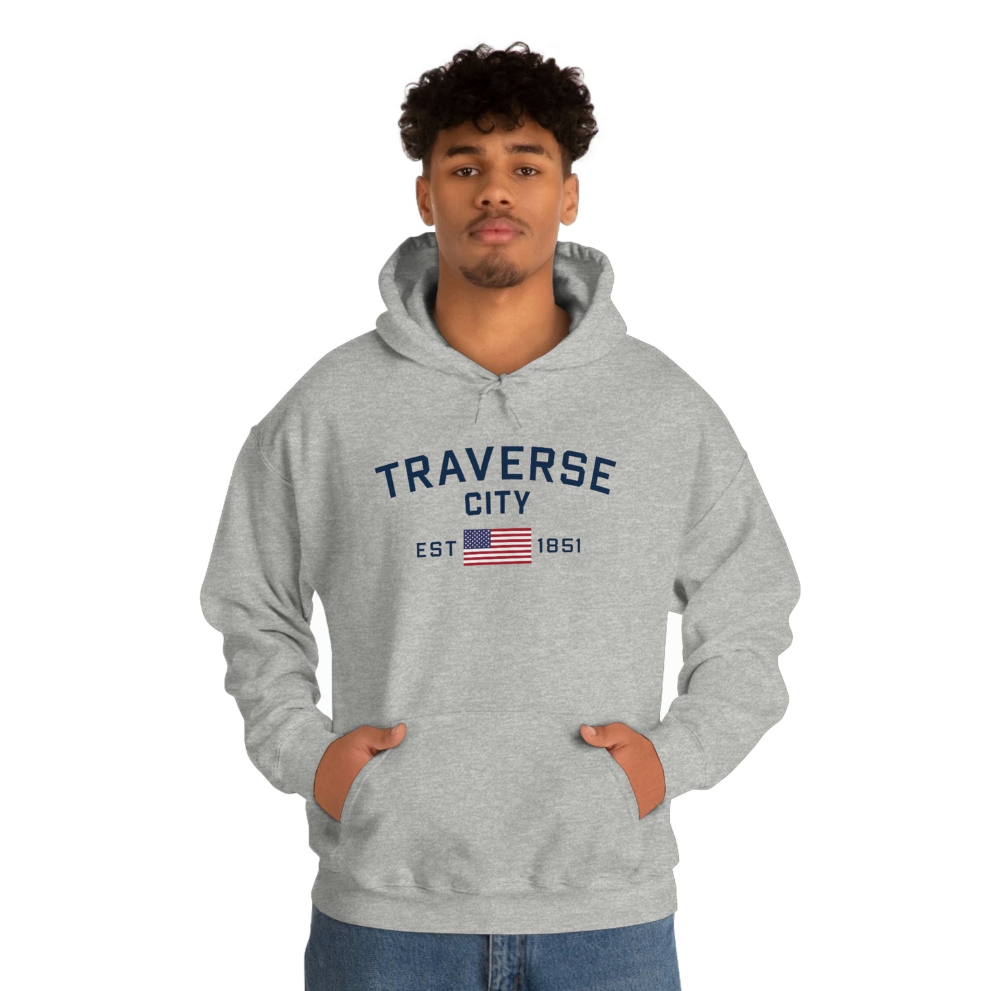 'Traverse City EST 1851' Hoodie (w/USA Flag Outline) | Unisex Standard