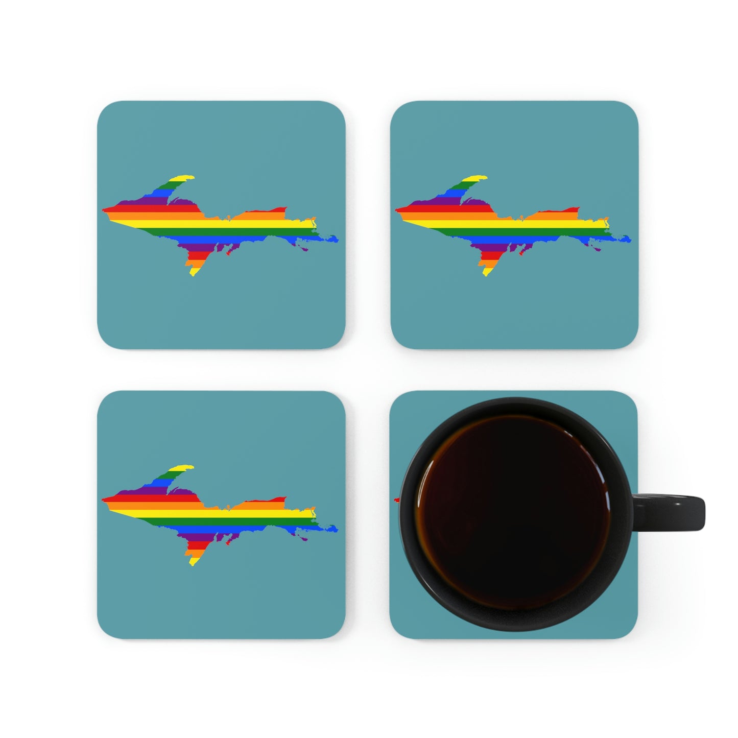 Michigan Upper Peninsula Coaster Set (Huron Blue w/ UP Pride Flag Outline) | Corkwood - 4 pack