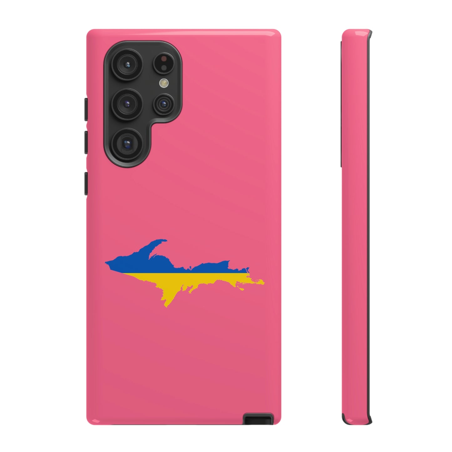 Michigan Upper Peninsula Tough Phone Case (Rhodochrosite Pink w/ UP Ukraine Flag Outline) | Samsung & Pixel Android