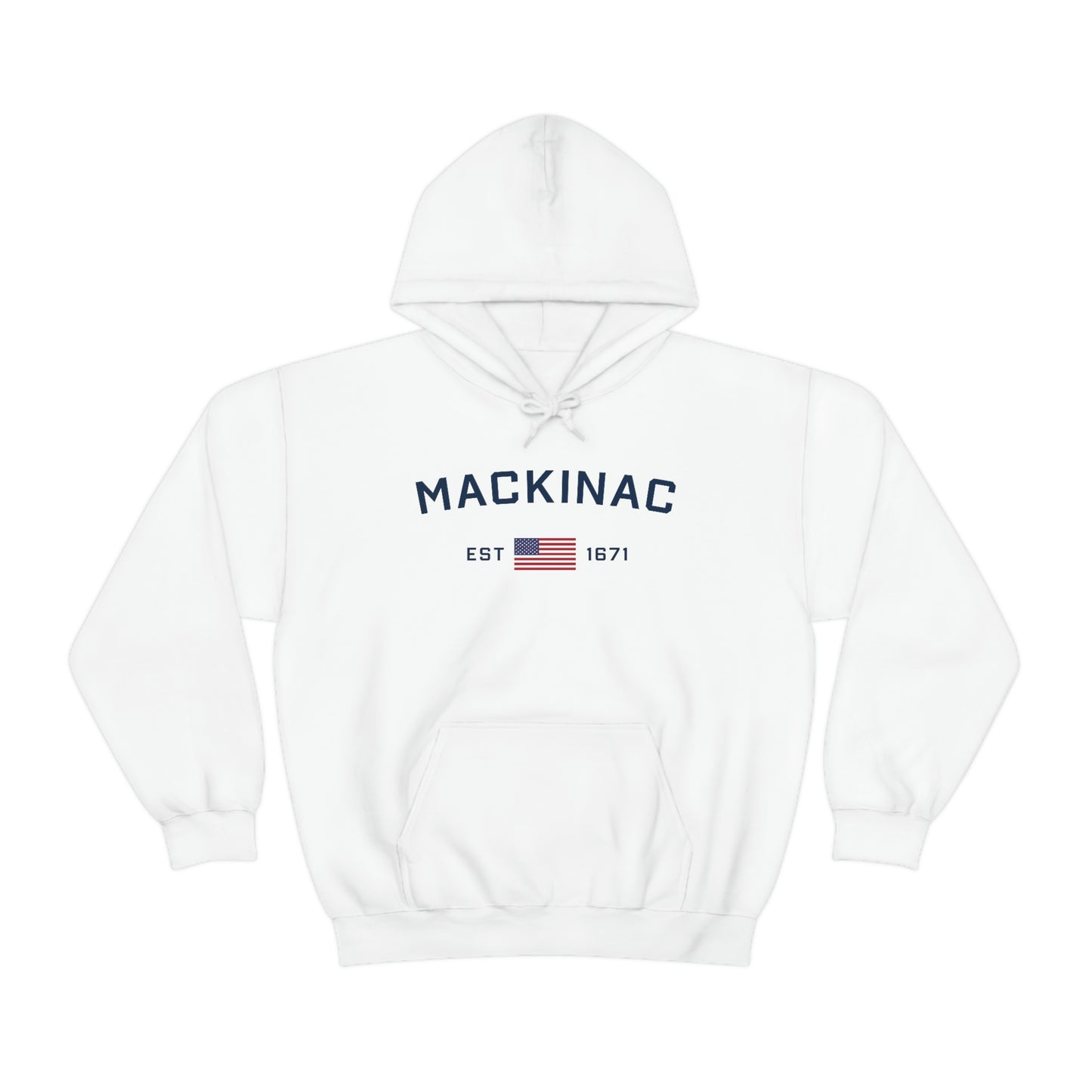 'Mackinac EST 1671' Hoodie (w/USA Flag Outline) | Unisex Standard