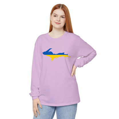 Michigan Upper Peninsula Garment-Dyed T-Shirt (w/ UP Ukraine Flag Outline) | Unisex Long Sleeve