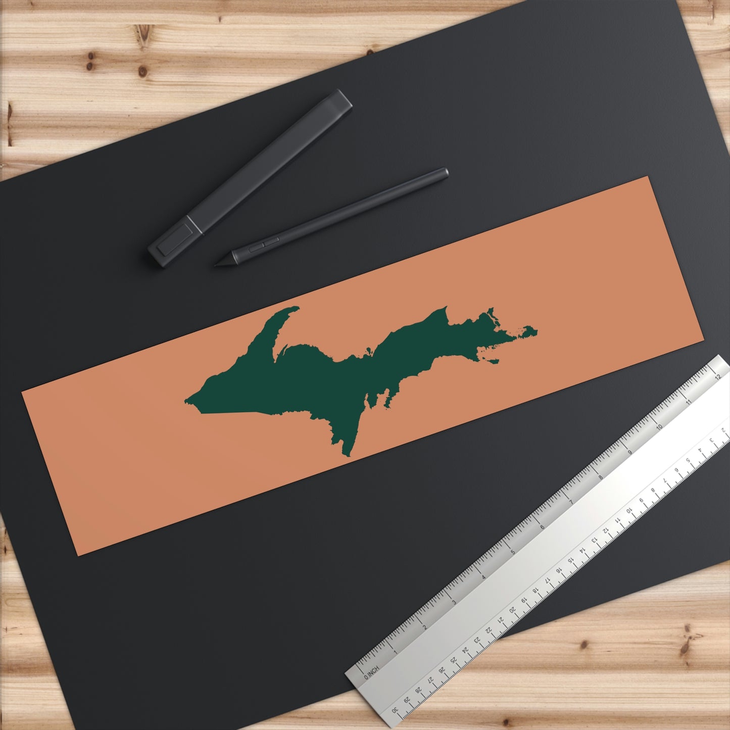 Michigan Upper Peninsula Bumper Sticker (w/ Green UP Outline) | Copper Color Background