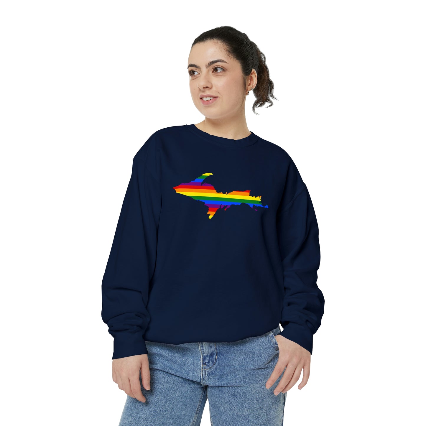 Michigan Upper Peninsula Sweatshirt (w/ UP Pride Flag Outline) | Unisex Garment Dyed